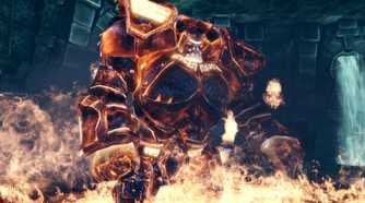A screenshot from the game Dragon Age: Origins, showing a huge creature wearing metal armor sitting in fire.