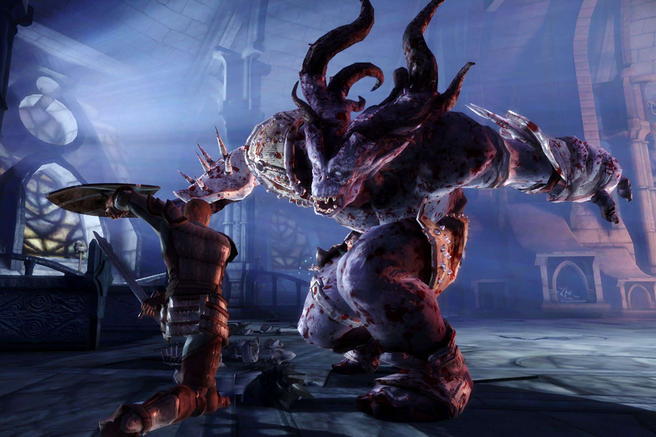 A screenshot from the game Dragon Age: Origins, showing the protagonist battle a huge, monstrous creature.