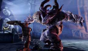A screenshot from the game Dragon Age: Origins, showing the protagonist battle a huge, monstrous creature.