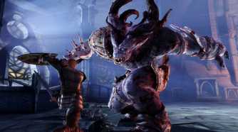 A screenshot from the game Dragon Age: Origins, showing the protagonist battle a huge, monstrous creature.