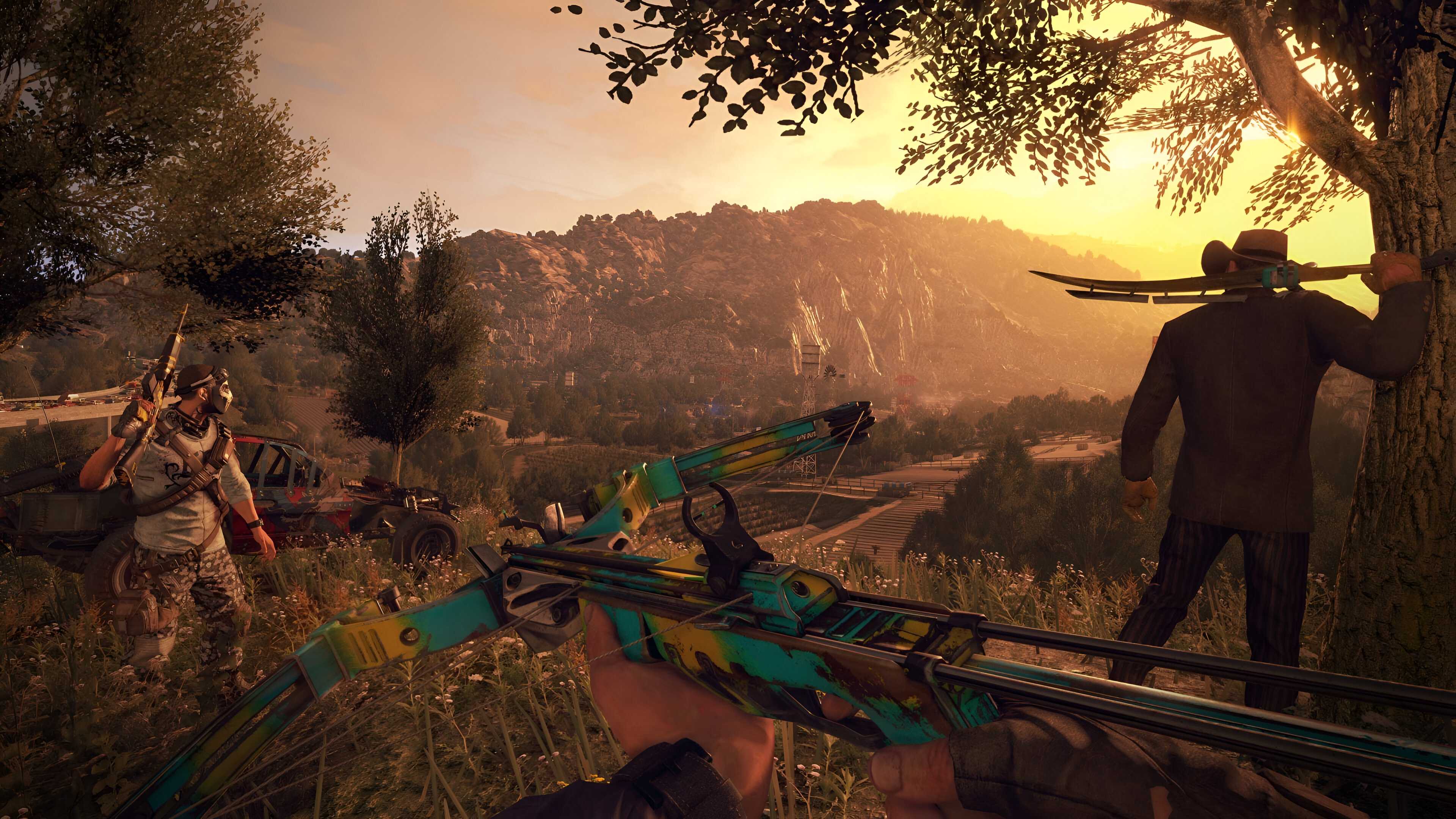 A screenshot from Dying Light: The Following, showing characters hold different weapons as they look at a setting in the countryside.