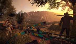 A screenshot from Dying Light: The Following, showing characters hold different weapons as they look at a setting in the countryside.