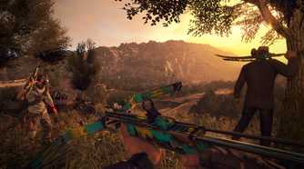 A screenshot from Dying Light: The Following, showing characters hold different weapons as they look at a setting in the countryside.