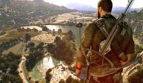 A screenshot from Dying Light: The Following, showing Kyle Crane, the protagonist, with a crossbow on his back, looking from atop a cliff at the countryside.