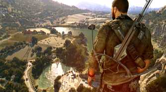 A screenshot from Dying Light: The Following, showing Kyle Crane, the protagonist, with a crossbow on his back, looking from atop a cliff at the countryside.