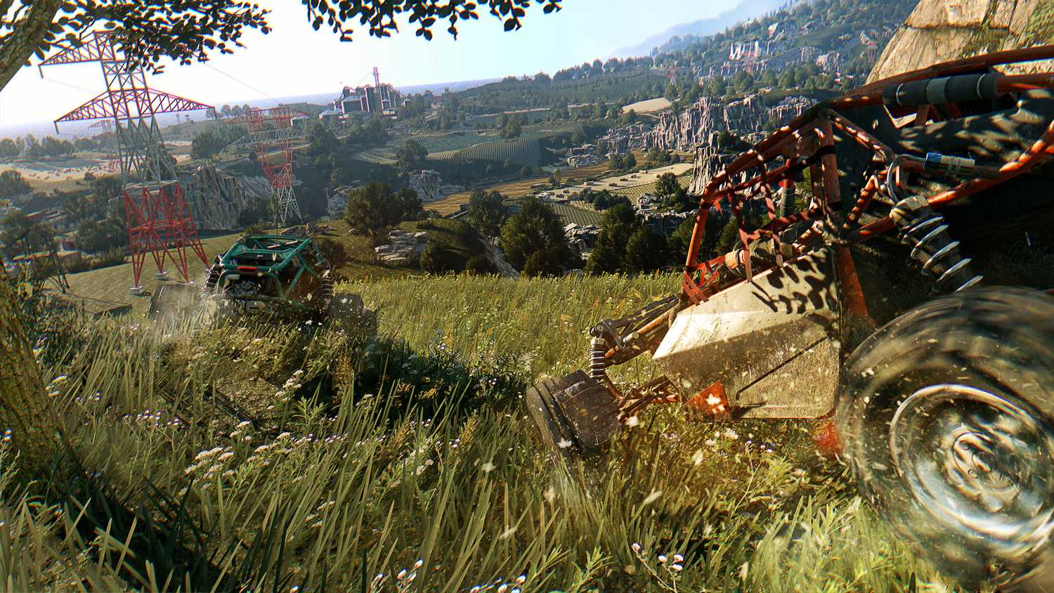 A screenshot from Dying Light: The Following, showing dune buggies running in fields.