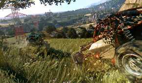 A screenshot from Dying Light: The Following, showing dune buggies running in fields.