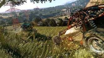 A screenshot from Dying Light: The Following, showing dune buggies running in fields.