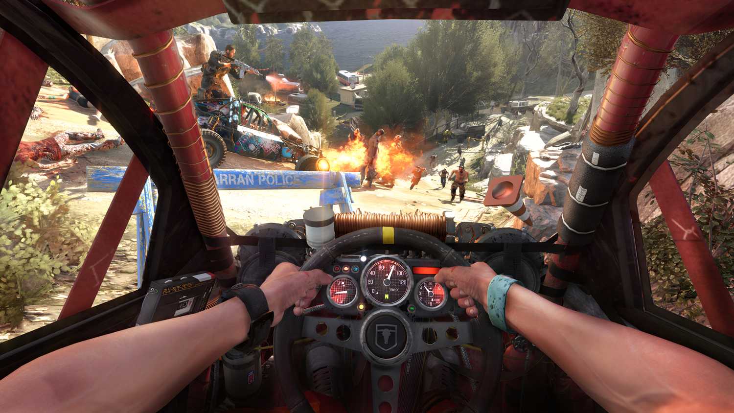 A screenshot from Dying Light: The Following, showing a first-person view of driving a buggy while another character in a different buggy shoots zombies.