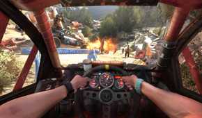 A screenshot from Dying Light: The Following, showing a first-person view of driving a buggy while another character in a different buggy shoots zombies.
