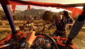 A screenshot from Dying Light: The Following, showing a first-person view of driving a dune buggy in the countryside as a zombie charges towards it.
