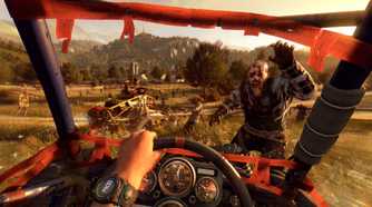 A screenshot from Dying Light: The Following, showing a first-person view of driving a dune buggy in the countryside as a zombie charges towards it.