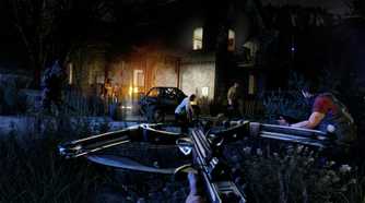 A screenshot from Dying Light: The Following, showing a character holding a crossbow in the night as other characters sneak up on a compound.