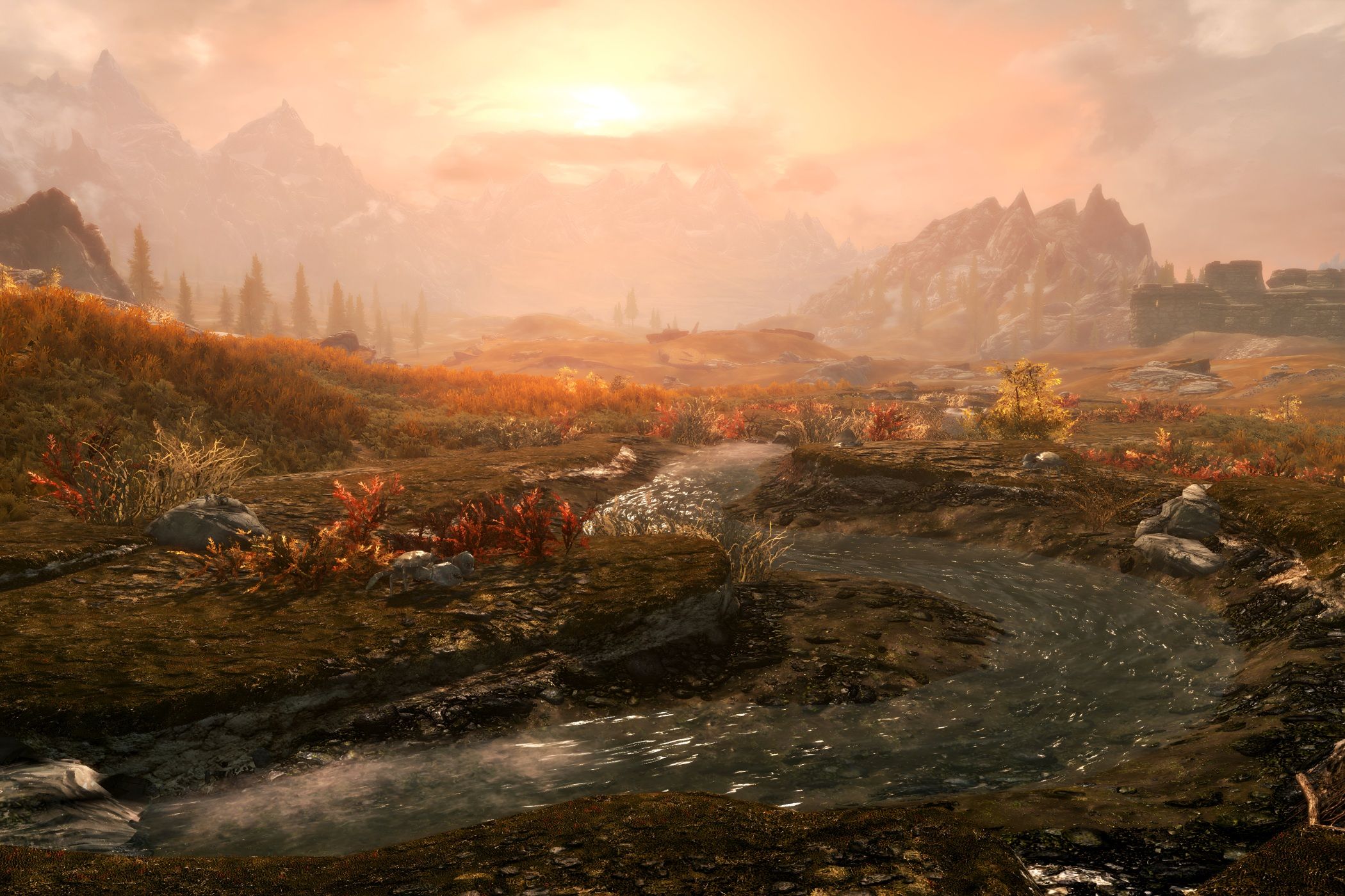 A screenshot from the game The Elder Scrolls V: Skyrim, showing a beautiful sunset as small stream of water runs through a lush field bathed in the light of the setting sun.