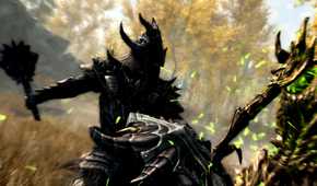 A screenshot from the game The Elder Scrolls V: Skyrim, showing a character in black armor weild a mace and shield to fight off a wooden, organic foe.