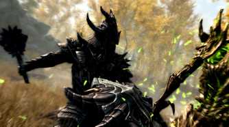A screenshot from the game The Elder Scrolls V: Skyrim, showing a character in black armor weild a mace and shield to fight off a wooden, organic foe.