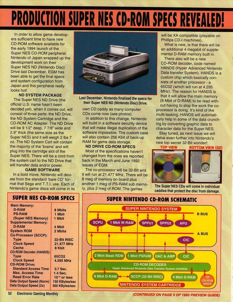 Electronic Gaming Monthly Magazine Issue 44 March 1993 revealing Super NES CD-Rom Nintendo Playstation specs