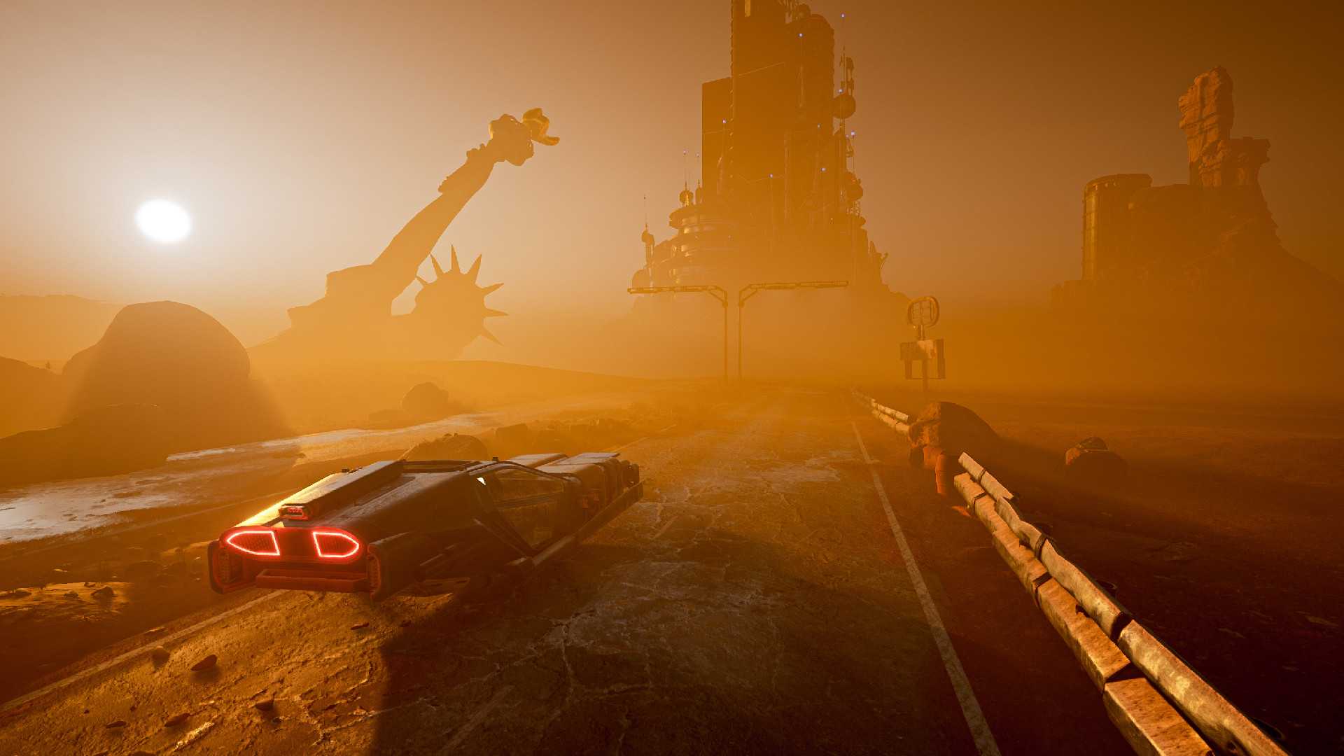 Screenshot from ExeKiller video game of flying car driving through apocalyptic desert setting.