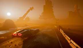 Screenshot from ExeKiller video game of flying car driving through apocalyptic desert setting.