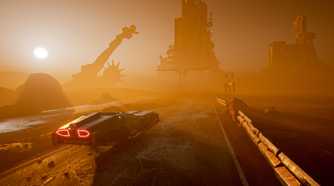 Screenshot from ExeKiller video game of flying car driving through apocalyptic desert setting.