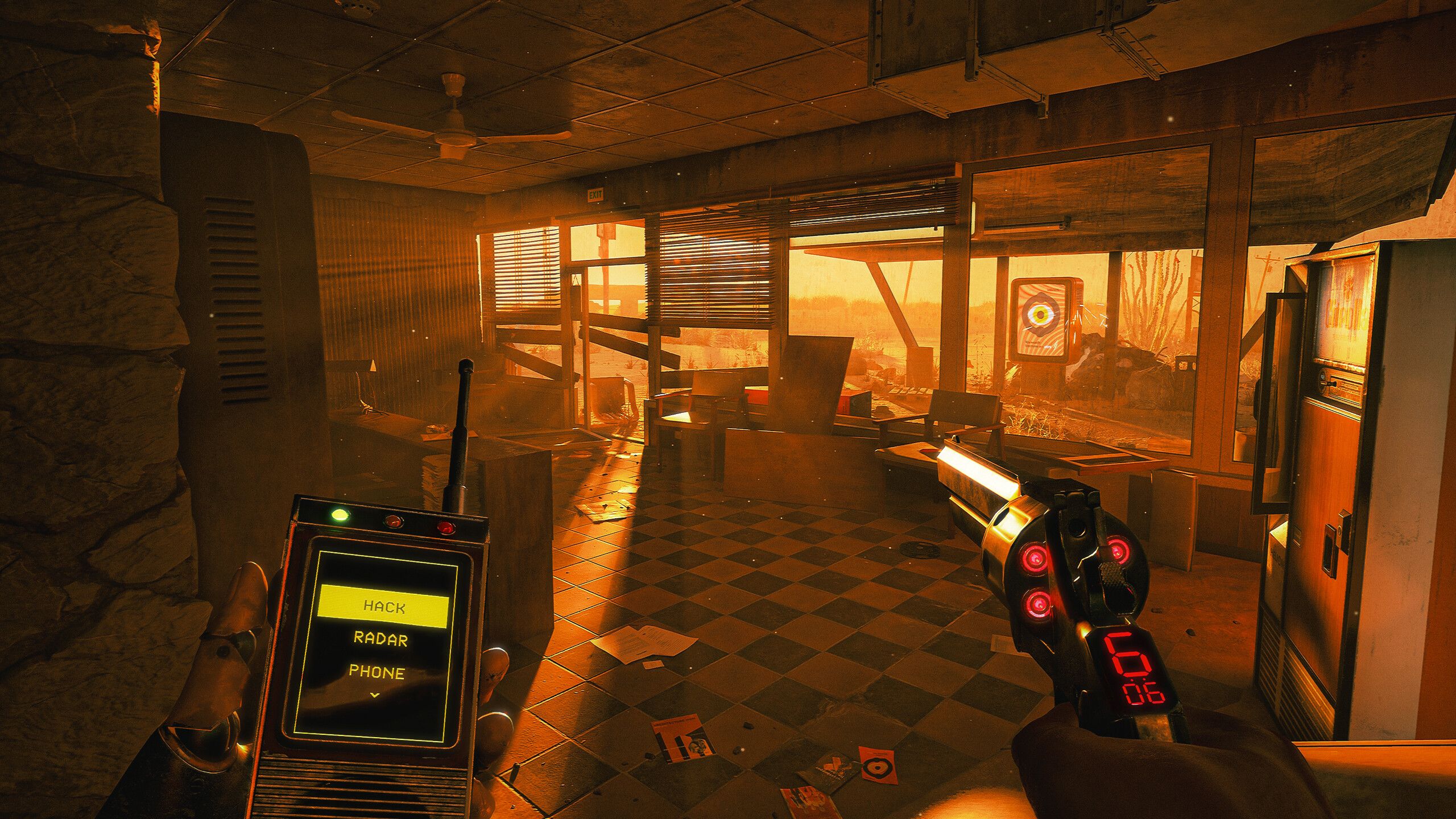 Screenshot from ExeKiller video game of man scanning an abandoned diner with a revolver in one hand and radio in another.