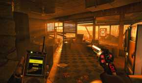 Screenshot from ExeKiller video game of man scanning an abandoned diner with a revolver in one hand and radio in another.