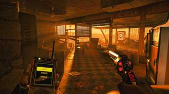 Screenshot from ExeKiller video game of man scanning an abandoned diner with a revolver in one hand and radio in another.