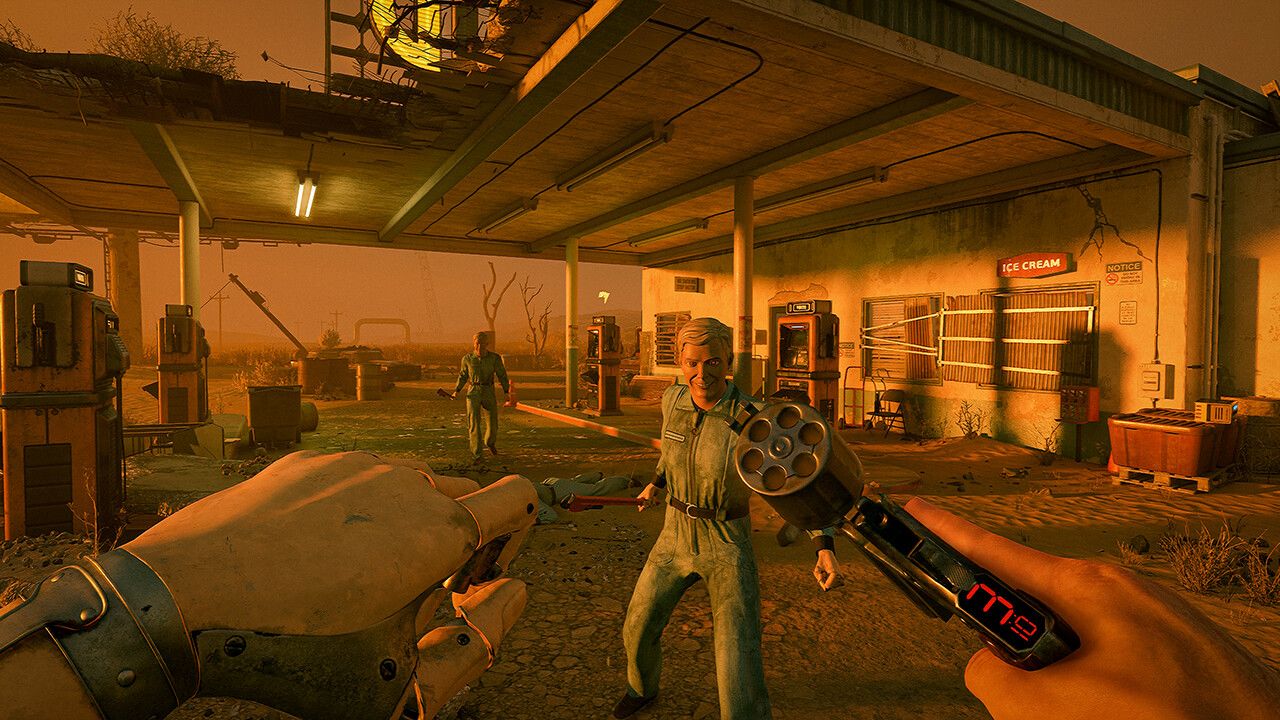 Screenshot from ExeKiller video game of man reloading a revolver pistol while in combat with an armed man.