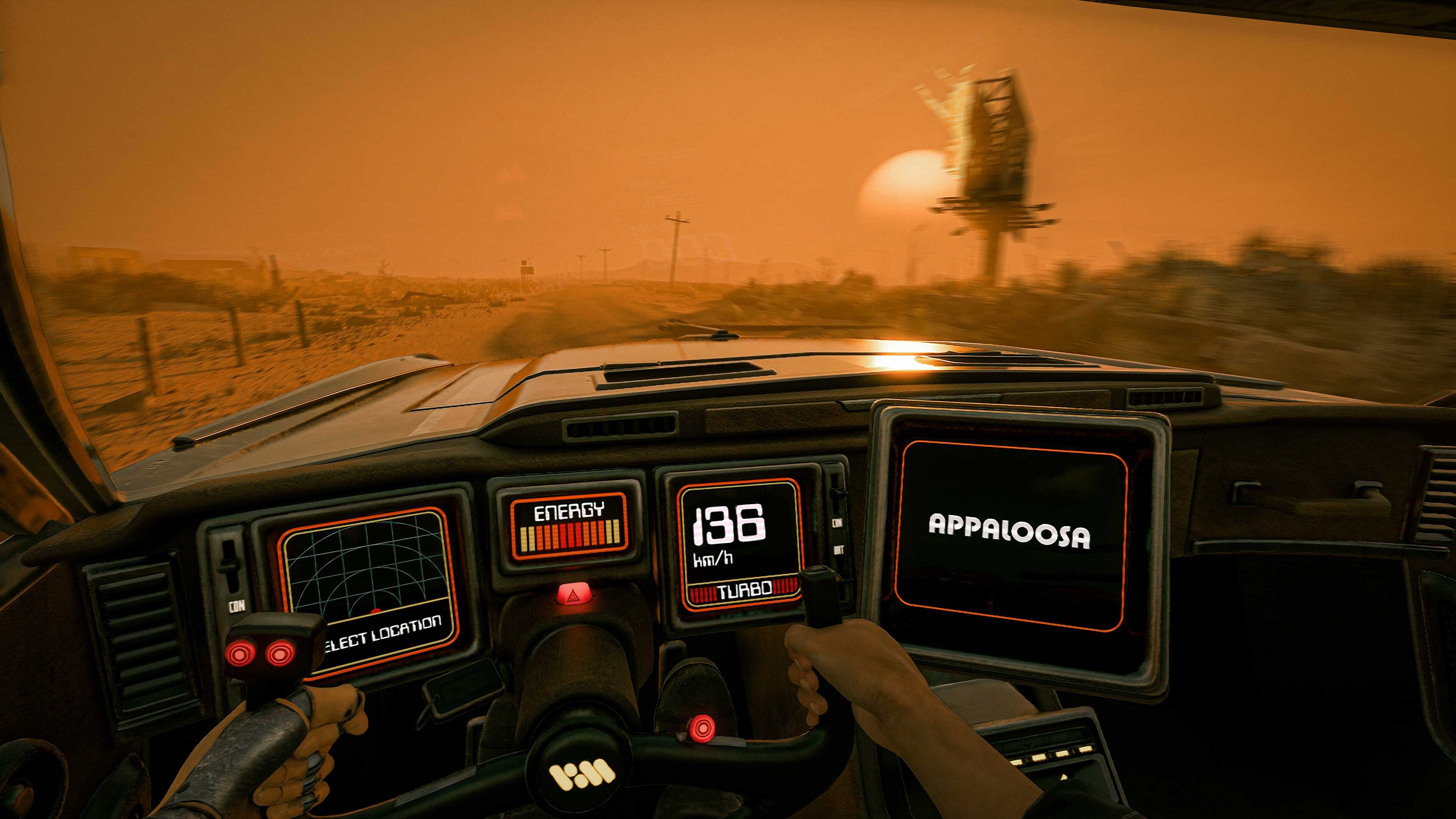 Screenshot from ExeKiller video game of man driving in futuristic car in desert setting.