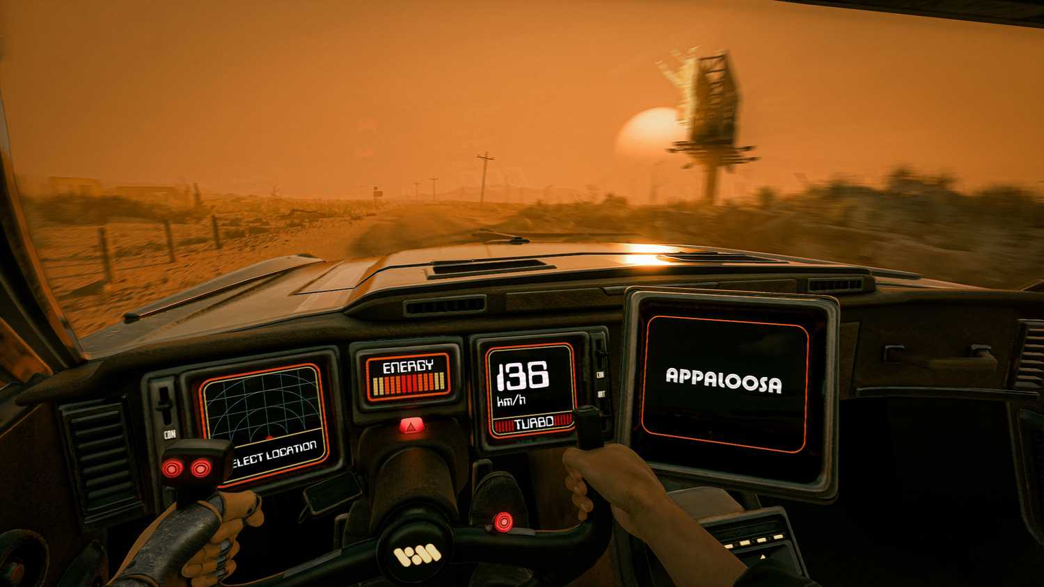 Screenshot from ExeKiller video game of man driving in futuristic car in desert setting.