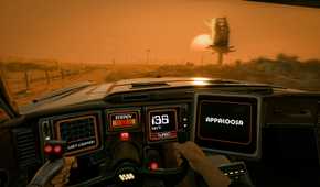 Screenshot from ExeKiller video game of man driving in futuristic car in desert setting.