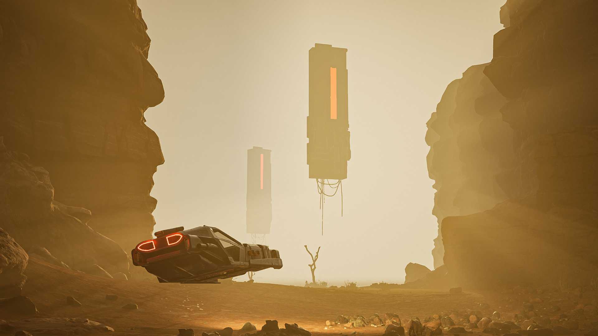Screenshot from ExeKiller video game of flying car driving in desert setting.