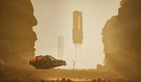 Screenshot from ExeKiller video game of flying car driving in desert setting.