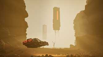Screenshot from ExeKiller video game of flying car driving in desert setting.