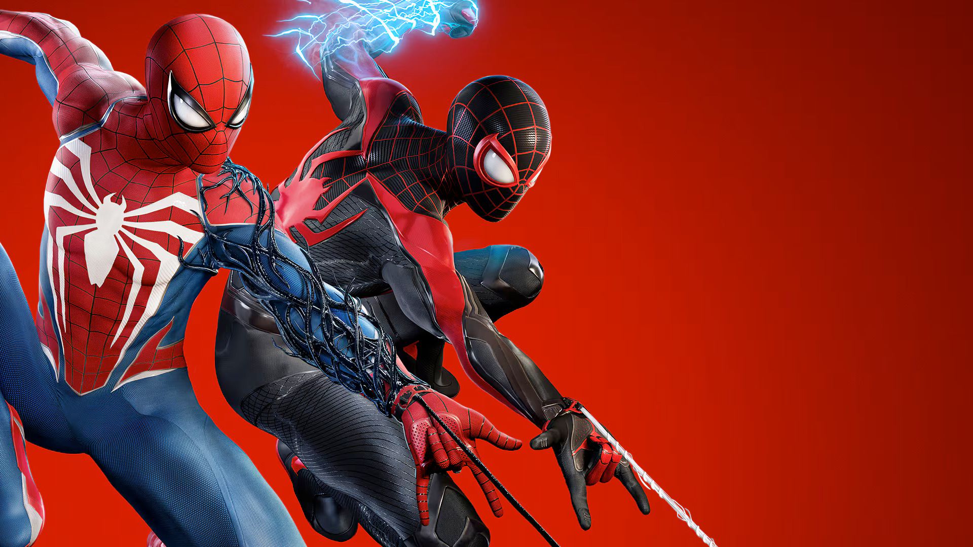 Spider-Man and Spider-Man from Spider-Man 2 swinging with webs on red background