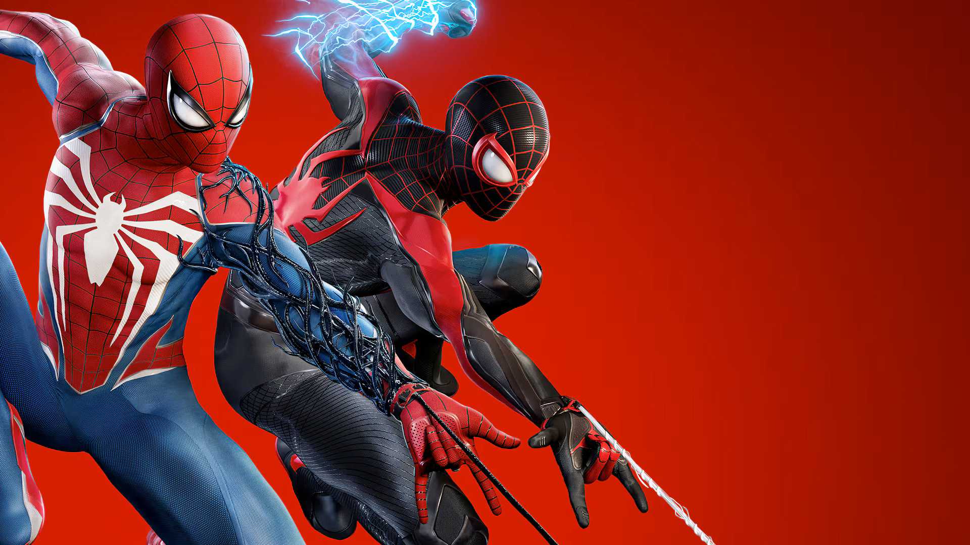 Spider-Man and Spider-Man from Spider-Man 2 swinging with webs on red background