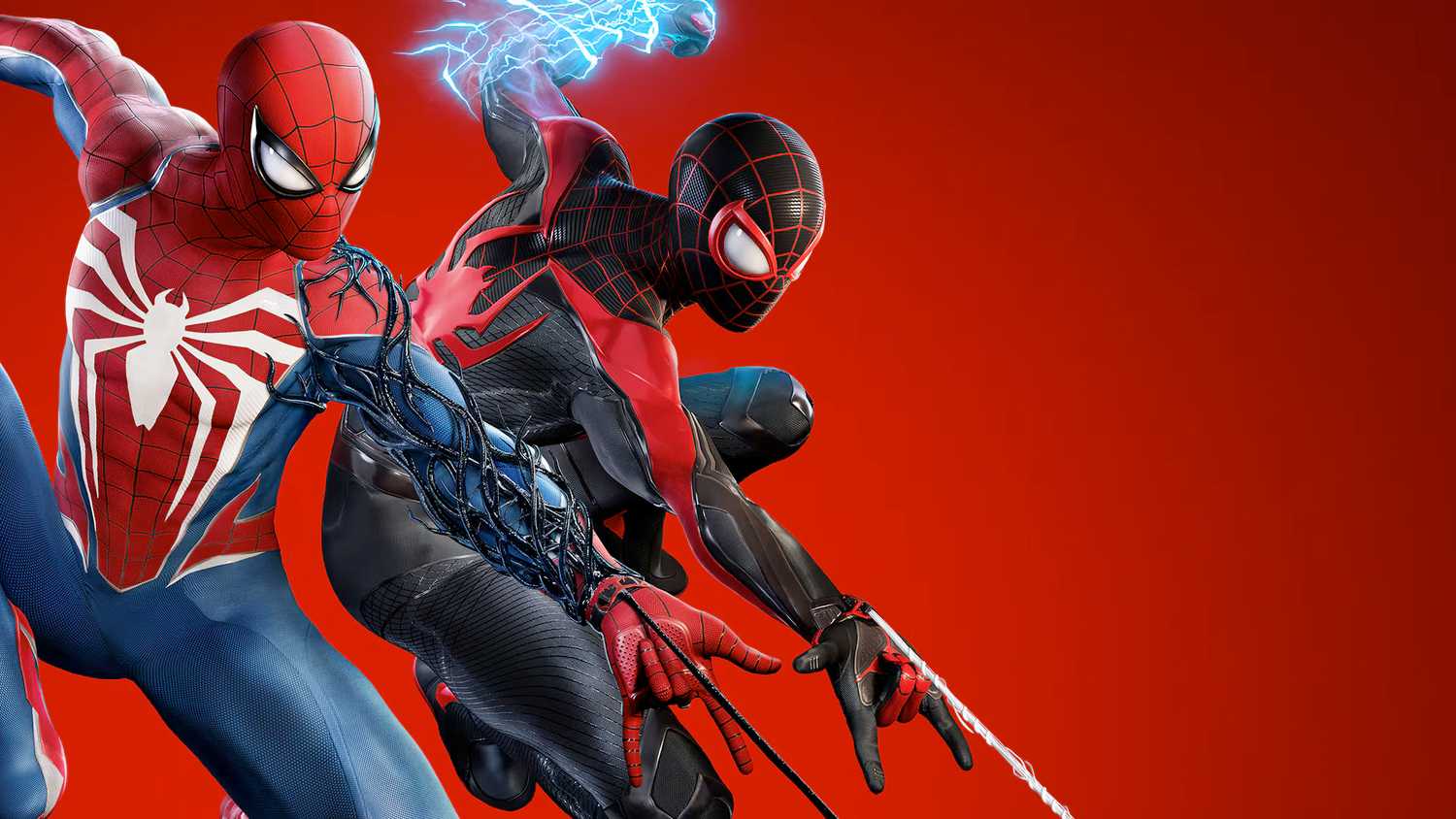 Spider-Man and Spider-Man from Spider-Man 2 swinging with webs on red background