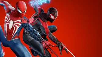 Spider-Man and Spider-Man from Spider-Man 2 swinging with webs on red background