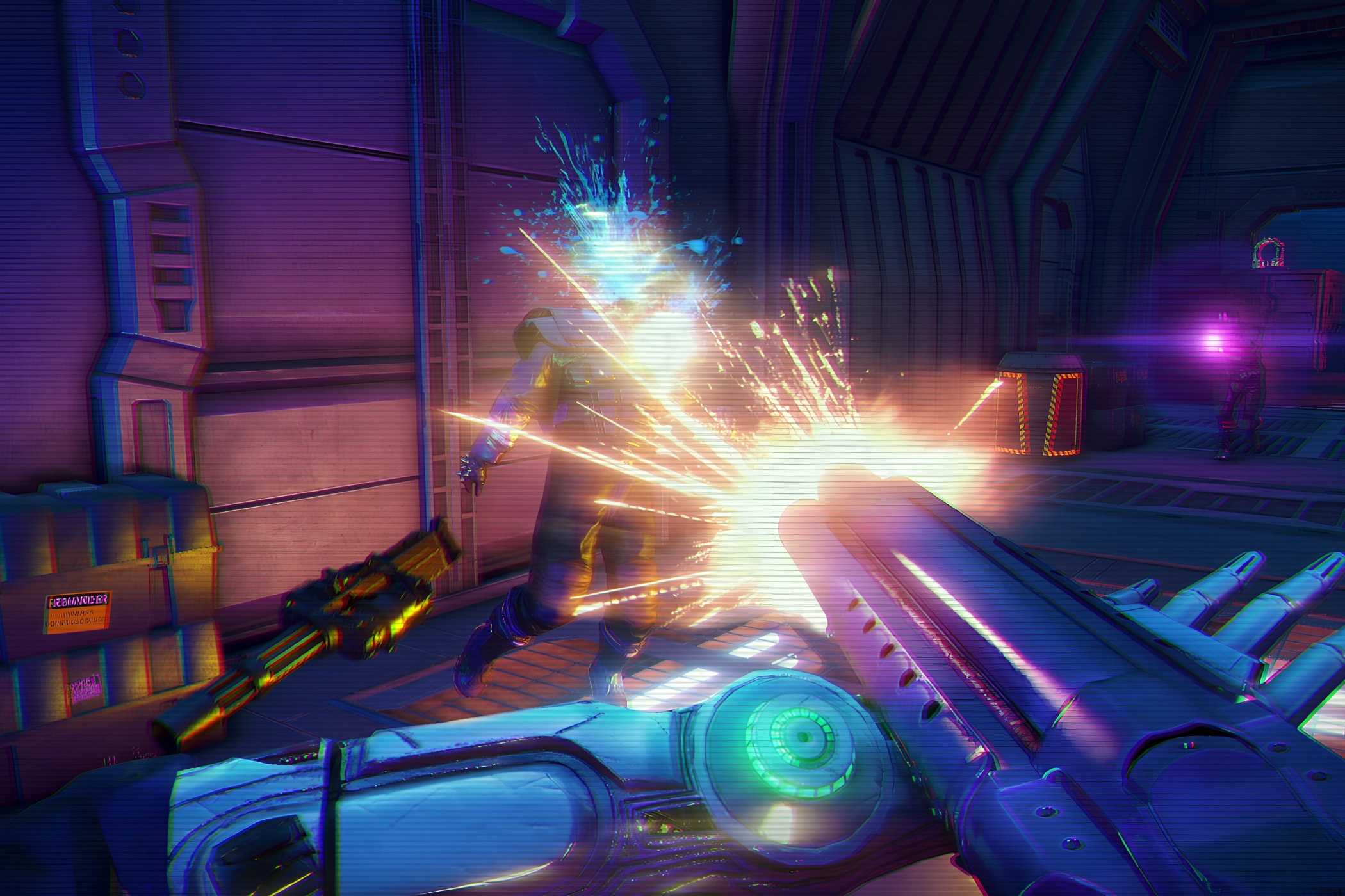 A screenshot from Far Cry 3: Blood Dragon, showing the protagonist use shotgun in combat.