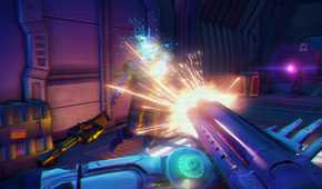 A screenshot from Far Cry 3: Blood Dragon, showing the protagonist use shotgun in combat.