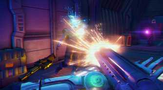 A screenshot from Far Cry 3: Blood Dragon, showing the protagonist use shotgun in combat.