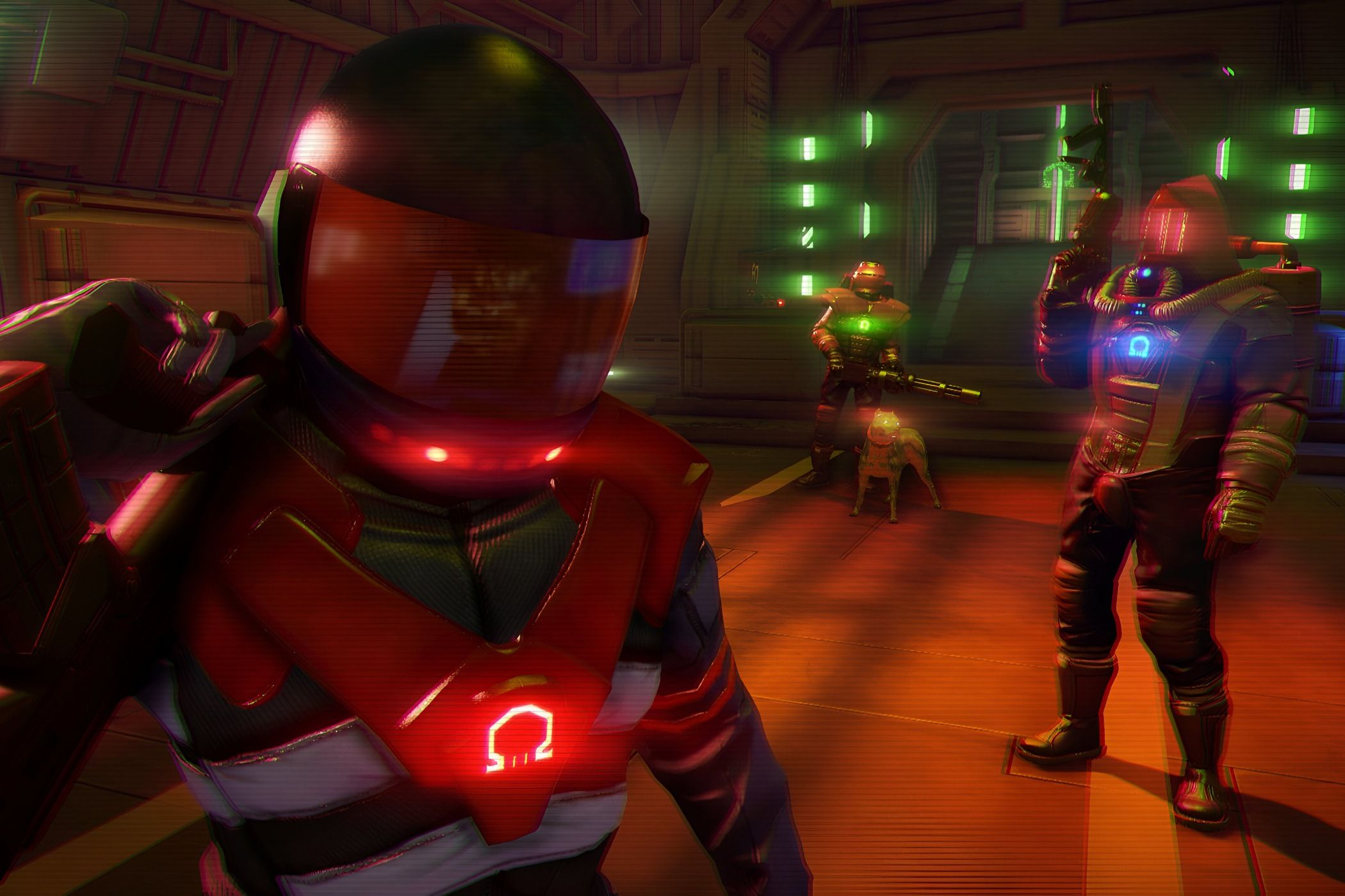 A screenshot from Far Cry 3: Blood Dragon, showing three men in futuristic suits in a neon-lit environment.