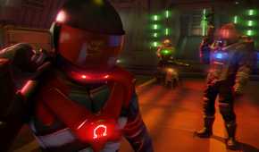 A screenshot from Far Cry 3: Blood Dragon, showing three men in futuristic suits in a neon-lit environment.