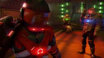 A screenshot from Far Cry 3: Blood Dragon, showing three men in futuristic suits in a neon-lit environment.