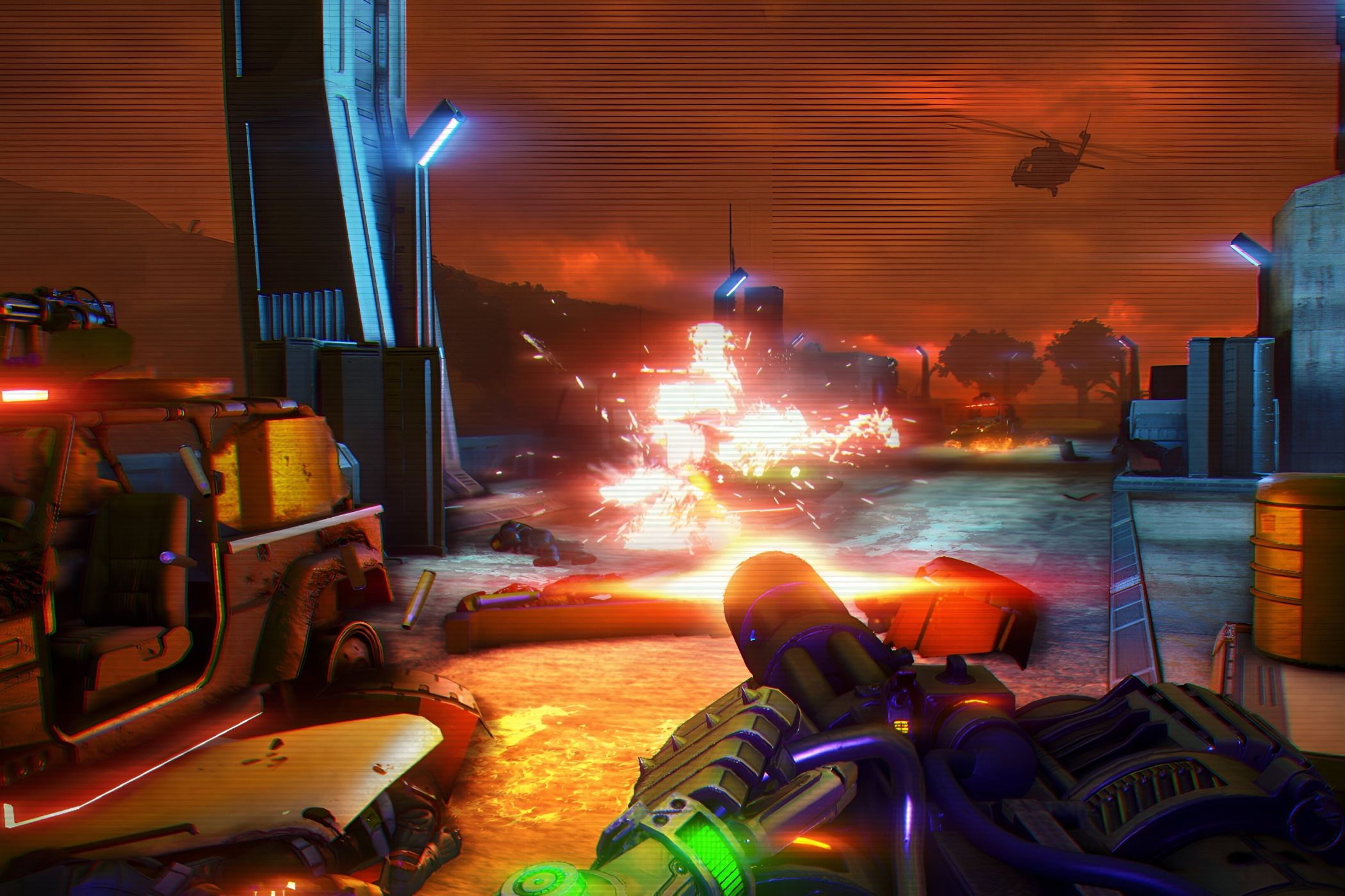 A screenshot from Far Cry 3: Blood Dragon, showing the first-person view of the protagonist use a minigun against helicopters and other enemies.