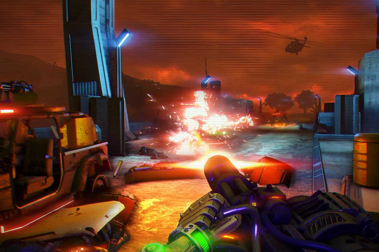 A screenshot from Far Cry 3: Blood Dragon, showing the first-person view of the protagonist use a minigun against helicopters and other enemies.