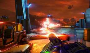 A screenshot from Far Cry 3: Blood Dragon, showing the first-person view of the protagonist use a minigun against helicopters and other enemies.