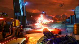 A screenshot from Far Cry 3: Blood Dragon, showing the first-person view of the protagonist use a minigun against helicopters and other enemies.