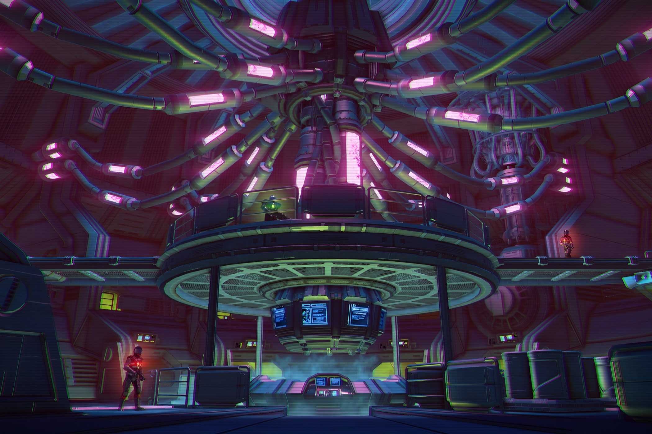 A screenshot from Far Cry 3: Blood Dragon, showing an elaborate, well-lit room with metal pipes and machines running all across.