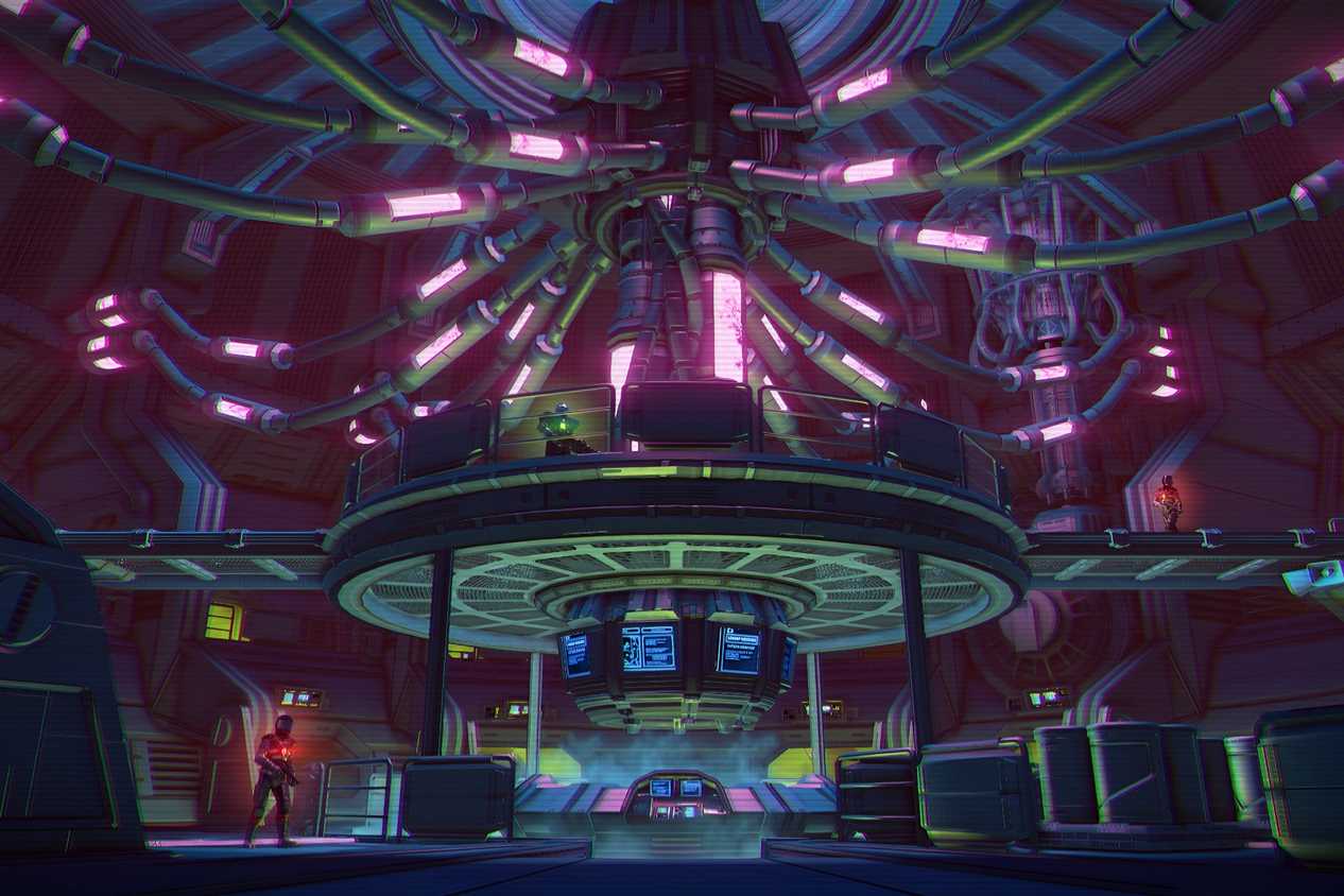 A screenshot from Far Cry 3: Blood Dragon, showing an elaborate, well-lit room with metal pipes and machines running all across.